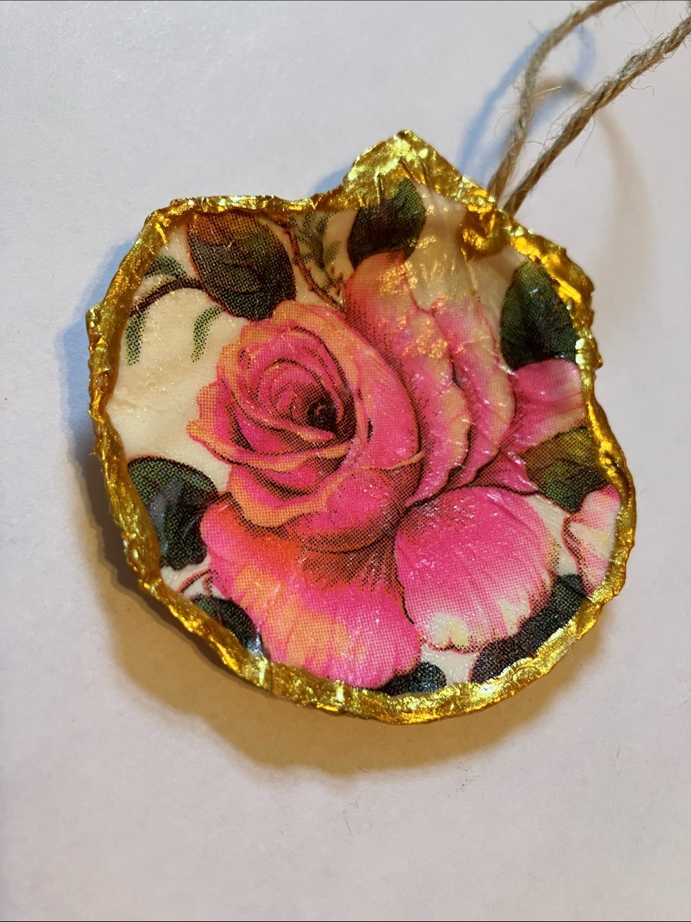 Handcrafted Seashell Ornament Pink Floral Decoupage 3 inch